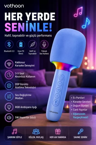 Çocuk ve Yetişkin Karaoke Mikrofonu Kablosuz RGB Ambiyans Işığı Ses Değiştirme Modlu Hoparlör