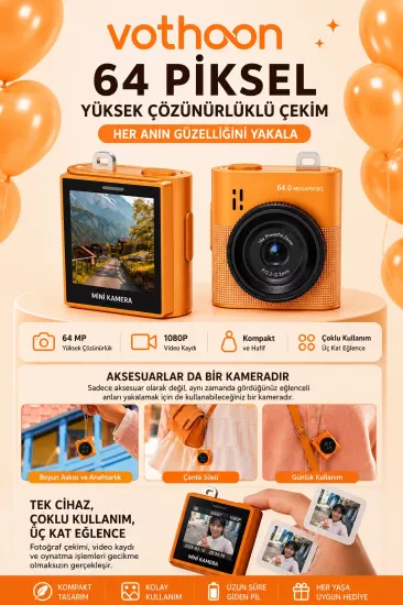 Mini Dijital Kamera 64MP 16x Digital Zoom Retro Vintage 1.4’’Ekranlı Video Kamera Taşınabilir Tasarım  Turuncu