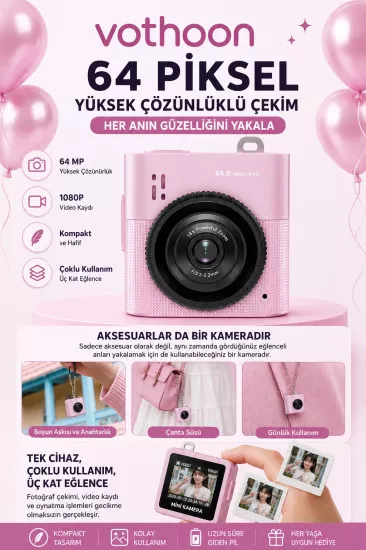 Mini Dijital Kamera 64MP 16x Digital Zoom Retro Vintage 1.4’’Ekranlı Video Kamera Taşınabilir Tasarım