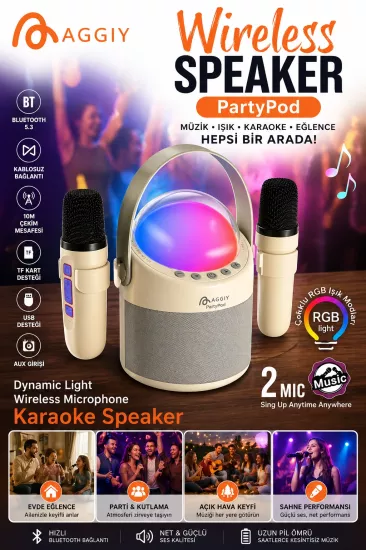 PartyPod Bluetooth 5.3 Destekli Çok Fonksiyonlu Kablosuz Mikrofon Ve Hoparlör