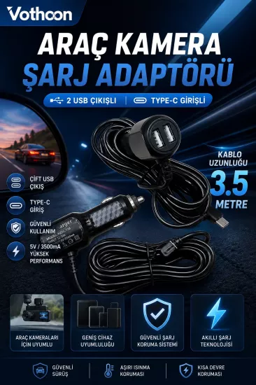 Araç Kamera Şarj Adaptörü 2 Usb’li Type-c Girişli 3.5 Metre Kablo Uzunluğu(Ürün Kamera Değildir)
