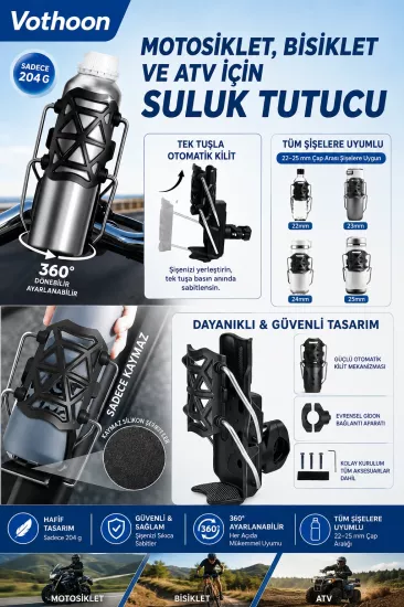 Bisiklet Motosiklet Atv ve Scooter Uyumlu Matara Suluk Tutucu Gidon Bağlantılı Esnek Gövdeli Şişe Aparatı