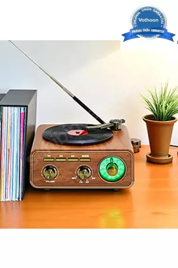 Nostaljik Tasarım Plak Çalar Görünümlü Radyolu Bluetooth Hoparlör Retro Müzik Plak