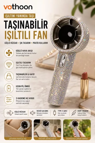 Taşınabilir Fan Kristal Yapay Elmas El Vantilatörü Mini Kişisel El Tipi Fan Işıltılı Soğutma Küçük Fan