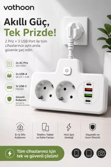 Bkl-502 Akım Korumalı 2Li Priz 2 USB ve 2 Type-C Çıkış 4000W Hızlı Şarj Duvar Tipi Dokunmatik Led Aydınlatmalı