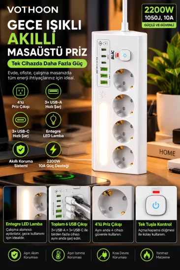 Çoklu Gece Lambalı Üçgen Priz Akım Korumalı 4’LÜ Priz 3XUSB 3XType-C Çıkışlı Grup Priz Beyaz