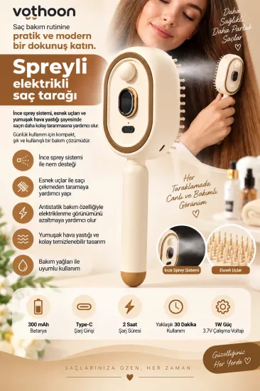 Elektrikli Spreyli Saç Tarağı 300 mAh Type‑C Şarjlı İnce Spreyli Antistatik Bakım Fırçası krem