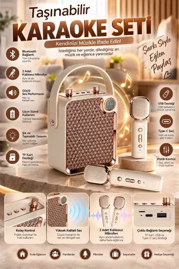Bluetooth Karaoke Hoparlör 2 Mikrofonlu Taşınabilir Şarjlı Müzik Seti Ses Değiştirme Özl