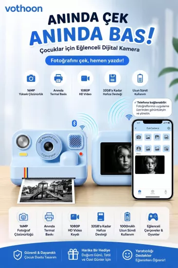 Çocuk Anında Baskılı Fotoğraf Makinesi 16MP Dijital Kamera 1080P Video WiFi Telefon Destekli