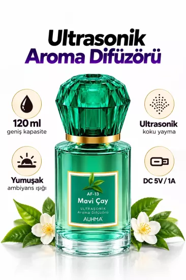 Ultrasonik Aroma Difüzörü 120 ML Mavi Çay Kokulu LED Işıklı Araç ve Oda Kokusu