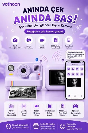 Çocuk Anında Baskılı Fotoğraf Makinesi 16MP Dijital Kamera 1080P Video WiFi Telefon Destekli