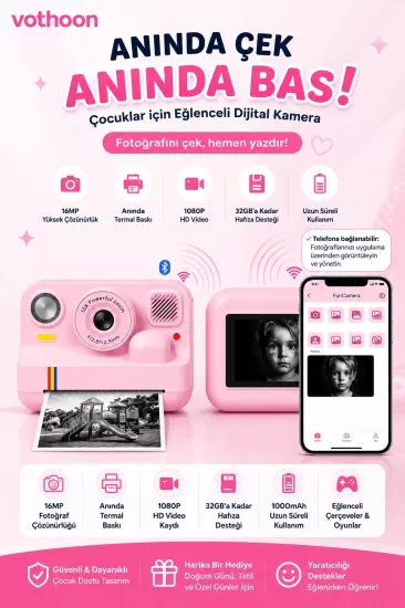 Çocuk Anında Baskılı Fotoğraf Makinesi 16MP Dijital Kamera 1080P Video WiFi Telefon Destekli