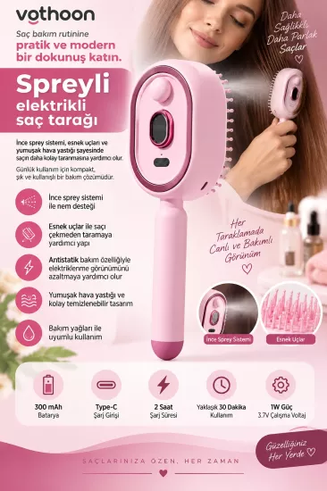 Elektrikli Spreyli Saç Tarağı 300 mAh Type‑C Şarjlı İnce Spreyli Antistatik Bakım Fırçası pembe 