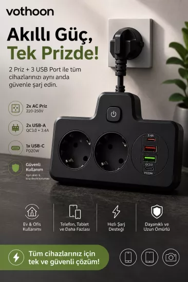 Bkl-502 Akım Korumalı 2Li Priz 2 USB ve 2 Type-C Çıkış 4000W Hızlı Şarj Duvar Tipi Dokunmatik Led Aydınlatmalı