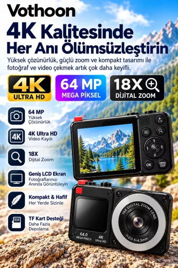 4K Dijital Fotoğraf Makinesi 18X Dijital Zoom 64 MP Ön ve Arka Ekranlı Kompakt Kamera Siyah
