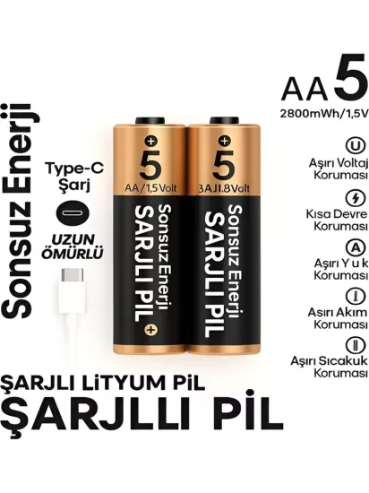 Type-C Şarjlı 2800MWH 1.5V Şarj Edilebilir 2’li AA5 Kalem Pil - Lityum Iyon Batarya 