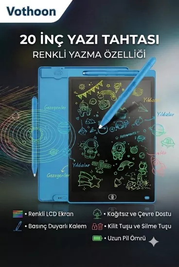  20 Inc Renkli Lcd Grafik Dijital Kalemli Çizim Tableti Yazı Tahta Not Yazma Eğitim Tableti Mavi