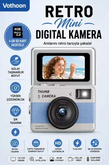 Retro Mini Dijital Kamera 1080P 1.47 İnç Flip Ekranlı Flaşlı Selfie Vlog Kamerası 4GB SD Hediyeli Mavi