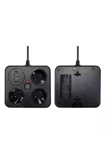 Akım Korumalı Anahtarlı Priz - 3X Priz - 2X Usb - 2X Type-C - 2 mt Kablo Hızlı Şarj Özellikli Siyah