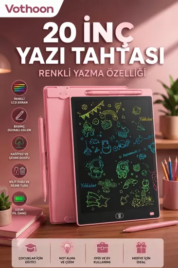  20 Inc Renkli Lcd Grafik Dijital Kalemli Çizim Tableti Yazı Tahta Not Yazma Eğitim Tableti Pembe