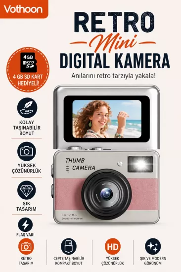 Retro Mini Dijital Kamera 1080P 1.47 İnç Flip Ekranlı Flaşlı Selfie Vlog Kamerası 4GB SD Hediyeli Pembe