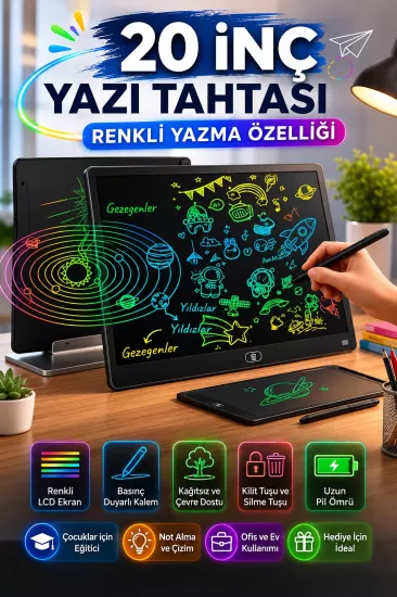 20 Inc Renkli Lcd Grafik Dijital Kalemli Çizim Tableti Yazı Tahta Not Yazma Eğitim Tableti Siyah