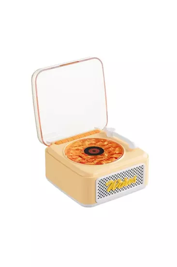 Nostalji Mini Plak Görünümlü Radyolu Bluetooth Hoparlör 3D Ses Dalgası Retro Müzik Plak Sarı