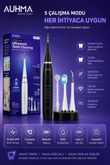 Ultrasonic Şarjlı Elektrikli Akıllı Diş Temizleme Cihazı Beyazlatıcı 5 Mod 3+1 Başlık, IPX8 Su Geçirmez Siyah