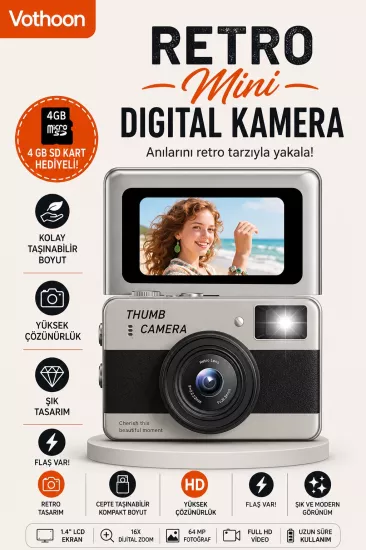 Retro Mini Dijital Kamera 1080P 1.47 İnç Flip Ekranlı Flaşlı Selfie Vlog Kamerası 4GB SD Hediyeli Siyah