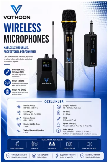 Wireless Mikrofon Sistemi UHF Kablosuz El Mikrofonu Profesyonel Ses Performansı 50 mt menzil