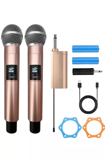 Profesyonel Çiftli Kablosuz Mikrofon Seti Karaoke Şarj Edilebilir 50 Metre Mesafe Rose 