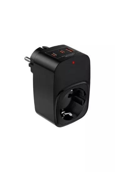 Tekli Yüksek Voltaj Korumalı Duvar Prizi 2X Type-C 1X USB Çıkışlı Priz Grup Priz Çoğaltıcı siyah 