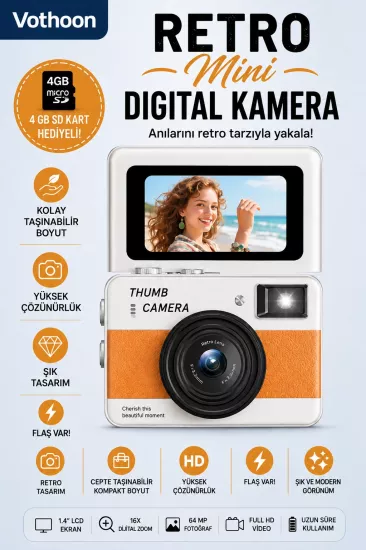 Retro Mini Dijital Kamera 1080P 1.47 İnç Flip Ekranlı Flaşlı Selfie Vlog Kamerası 4GB SD Hediyeli Turuncu