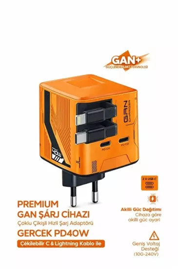 GaN+ PD 40W Hızlı Şarj Adaptörü Çoklu Çıkış USB-C Lightning Kablolu Hızlı Şarj Cihazı Ev Ofis Uyumlu Turuncu 