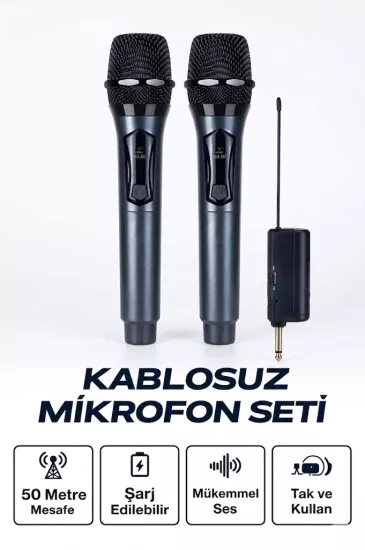 Profesyonel Çiftli Kablosuz Mikrofon Seti Karaoke Şarj Edilebilir 50 Metre