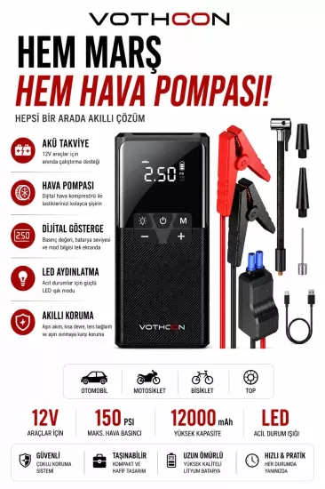 Vothoon12000 mAh Akıllı Akü Takviye ve Dijital Hava Pompası Akım Korumalı