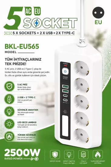 5’li Akım Korumalı Priz 2500W | 2 USB + 2 Type-C Hızlı Şarj | LED Gece Lambalı | Dokunmatik Beyaz