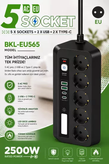 5’li Akım Korumalı Priz 2500W | 2 USB + 2 Type-C Hızlı Şarj | LED Gece Lambalı | Dokunmatik siyah