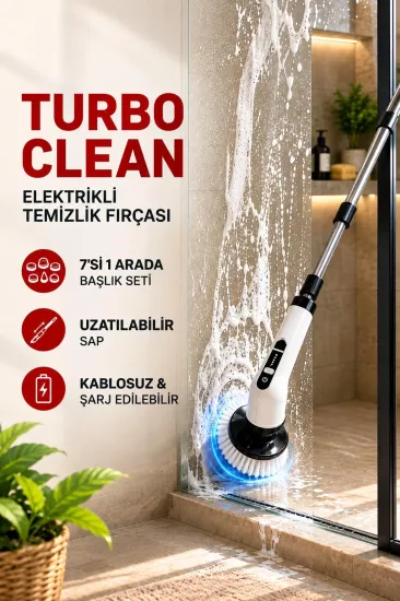 Turbo Clean Elektrikli Temizlik Fırçası 7 Başlıklı Kablosuz Şarjlı Döner Fırça