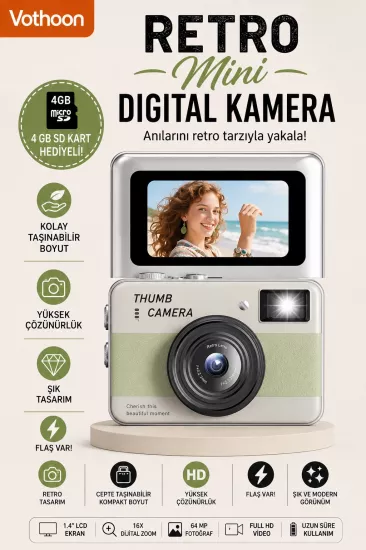 Retro Mini Dijital Kamera 1080P 1.47 İnç Flip Ekranlı Flaşlı Selfie Vlog Kamerası 4GB SD Hediyeli Yeşil