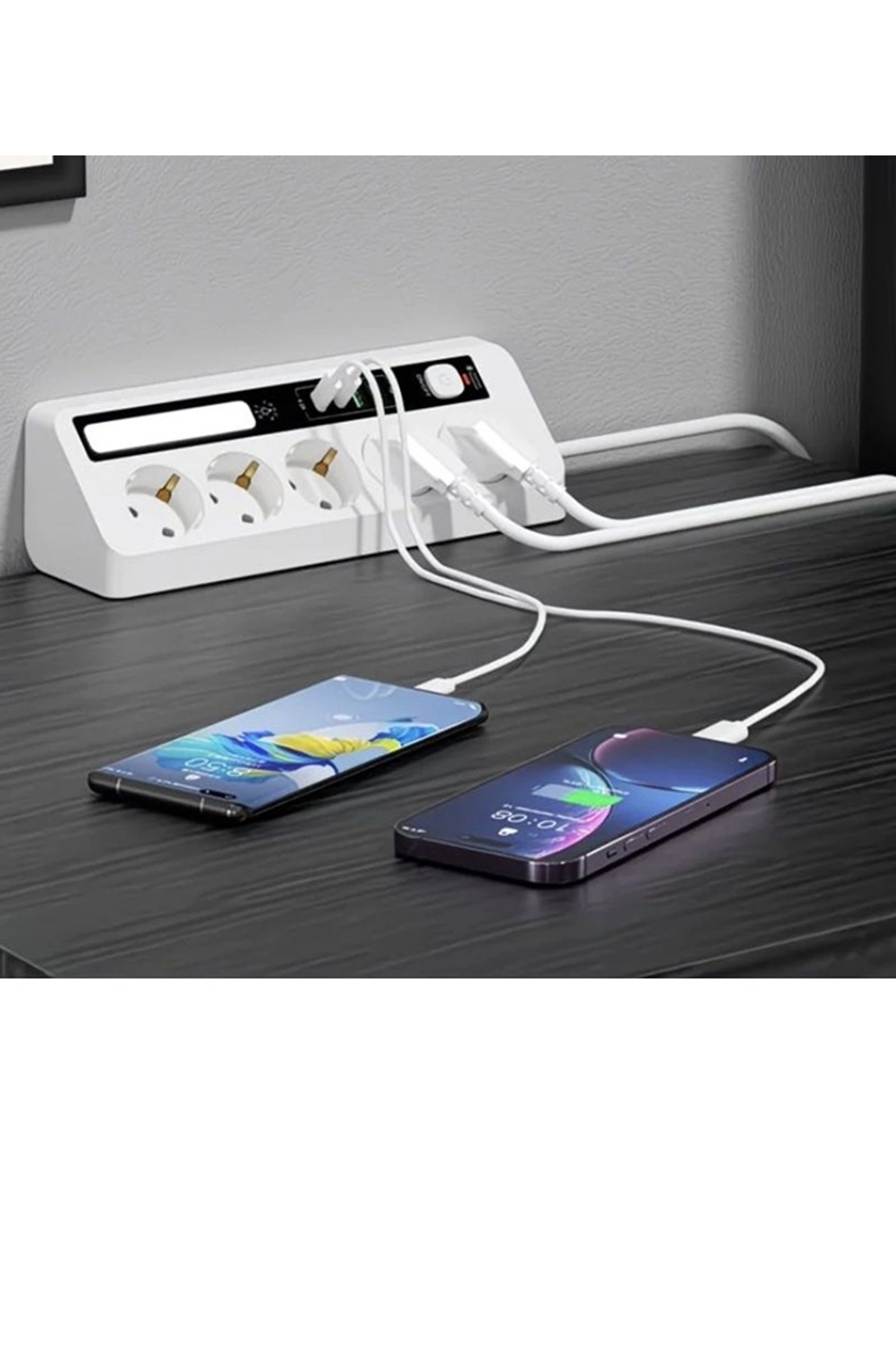 5’li Akım Korumalı Priz 2500W | 2 USB + 2 Type-C Hızlı Şarj | LED Gece Lambalı | Dokunmatik Beyaz