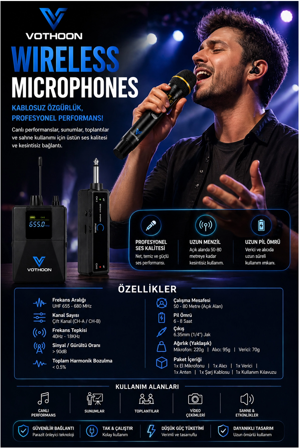 Wireless Mikrofon Sistemi UHF Kablosuz El Mikrofonu Profesyonel Ses Performansı 50 mt menzil