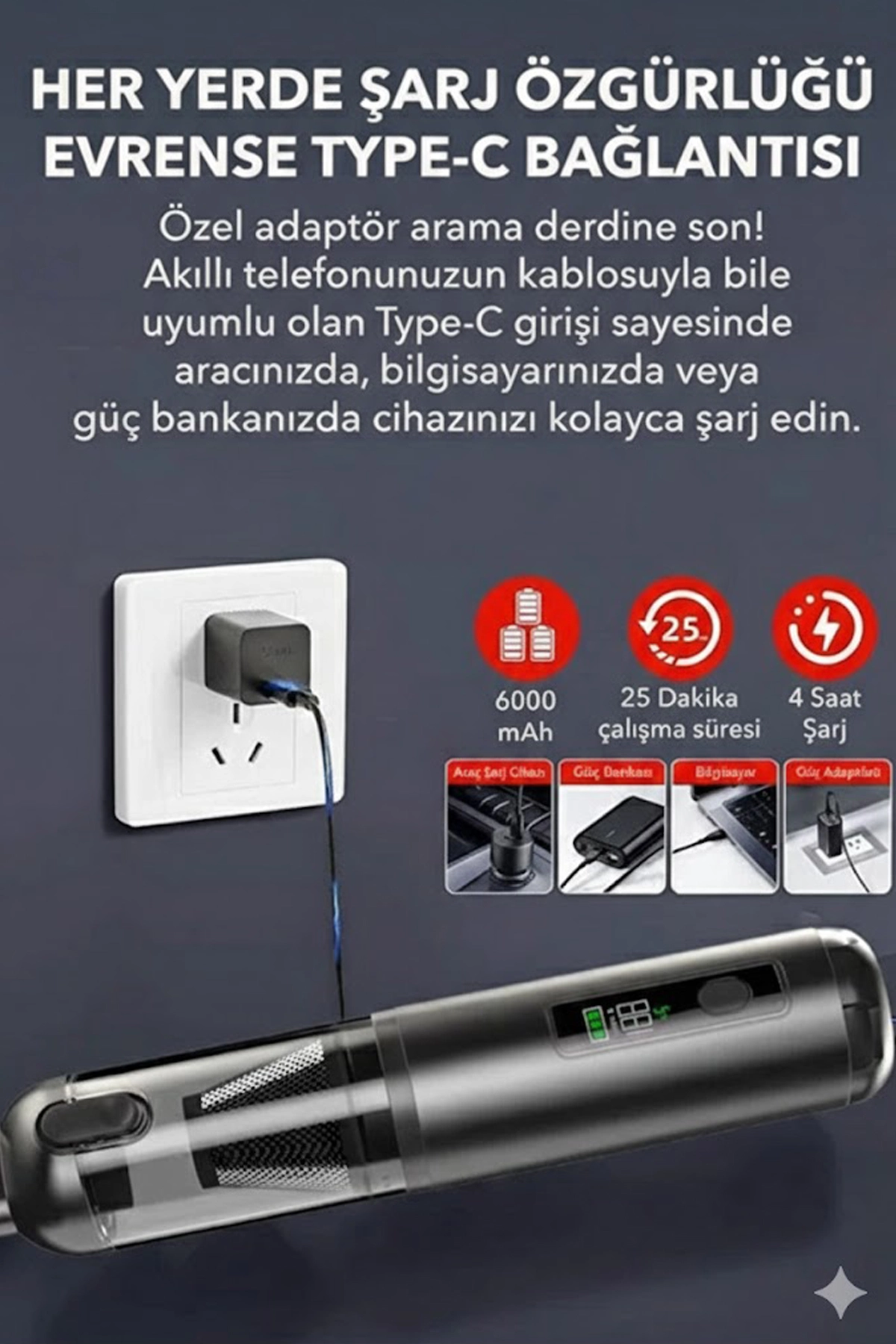 Araç Süpürgesi Şarjlı 120W 20.000Pa Göstergeli Yeni Nesil Metal Filtre Extra Vakum ve Üfleme