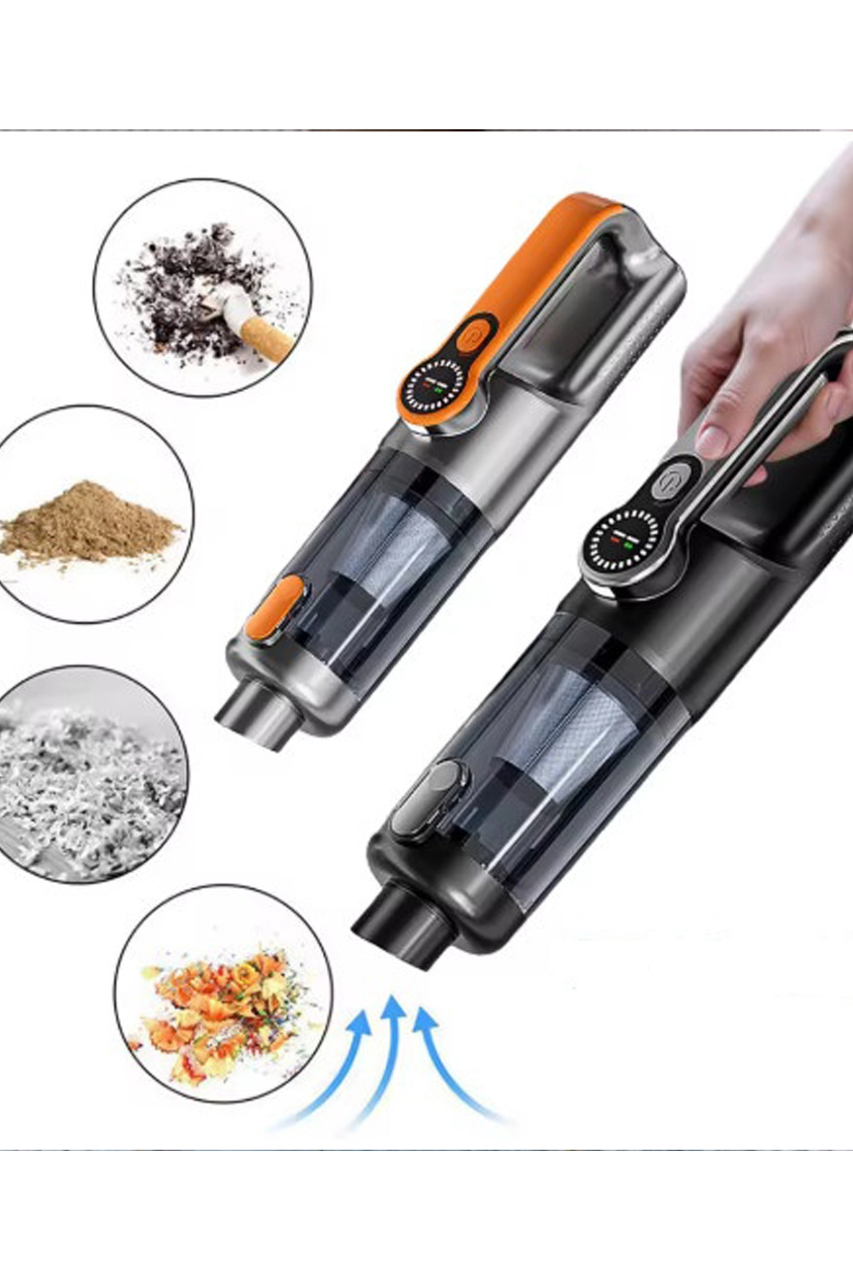 Işıklı Araç Süpürgesi Kablosuz 22.000 Pascal Çekim Gücü Vakum ve Üfleme 2in1 10Başlık Metal Filtreli