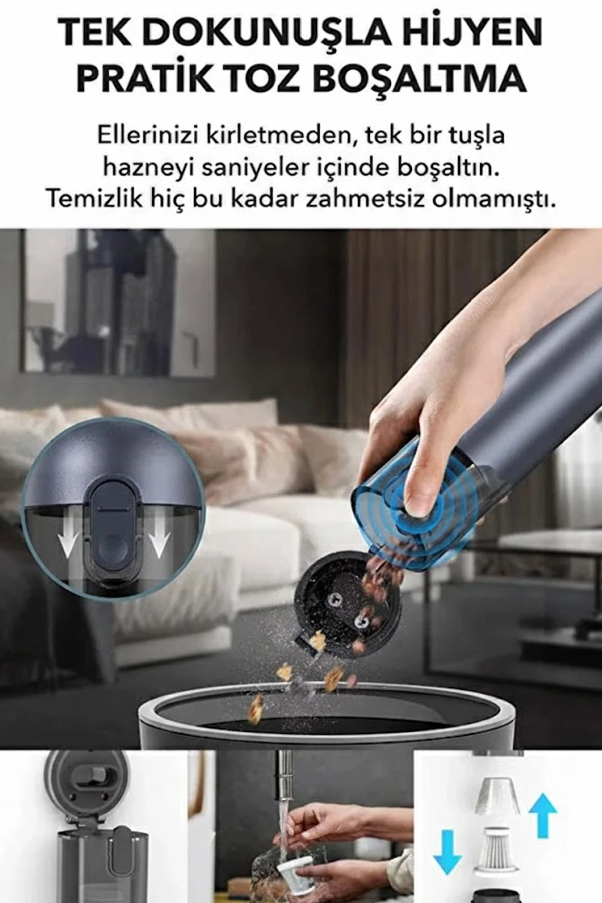 Araç Süpürgesi Şarjlı 120W 20.000Pa Göstergeli Yeni Nesil Metal Filtre Extra Vakum ve Üfleme