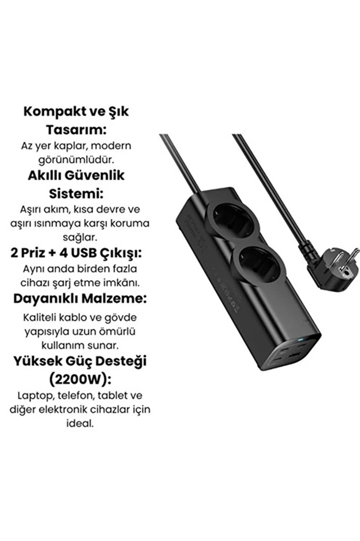 67W Hızlı Şarjlı Akıllı Çoklu Priz – 2000W Güç, 2 USB-C + 2 USB-A Çıkışlı, Telefon & Laptop Uyumlu