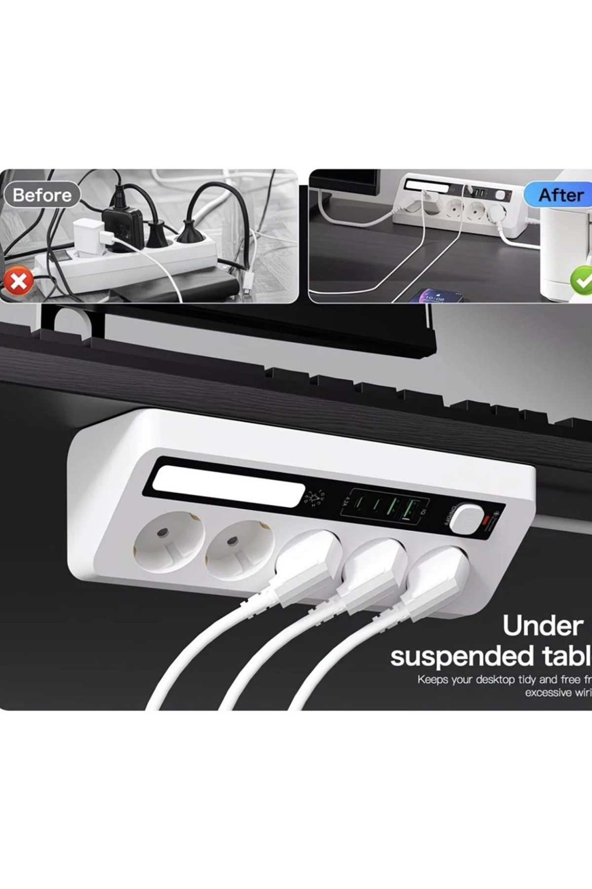 5’li Akım Korumalı Priz 2500W | 2 USB + 2 Type-C Hızlı Şarj | LED Gece Lambalı | Dokunmatik Beyaz