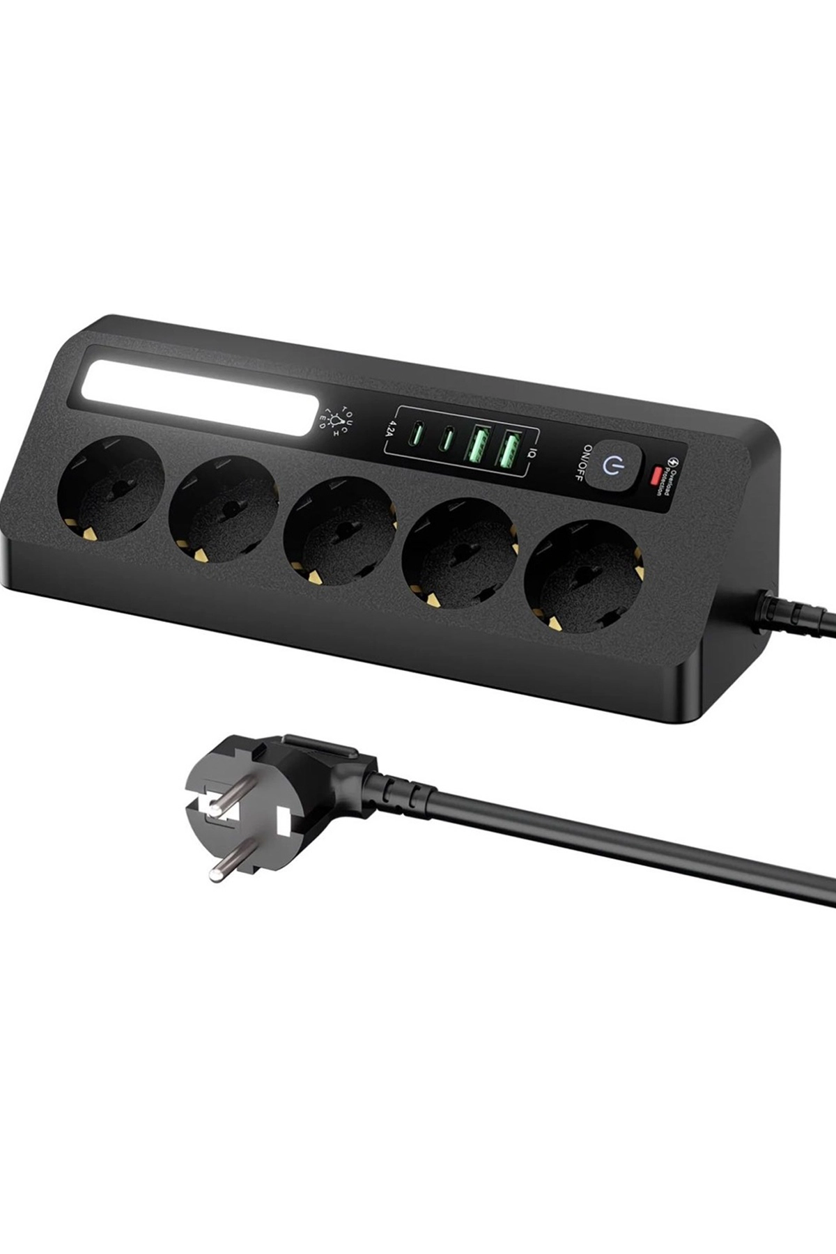 5’li Akım Korumalı Priz 2500W | 2 USB + 2 Type-C Hızlı Şarj | LED Gece Lambalı | Dokunmatik siyah