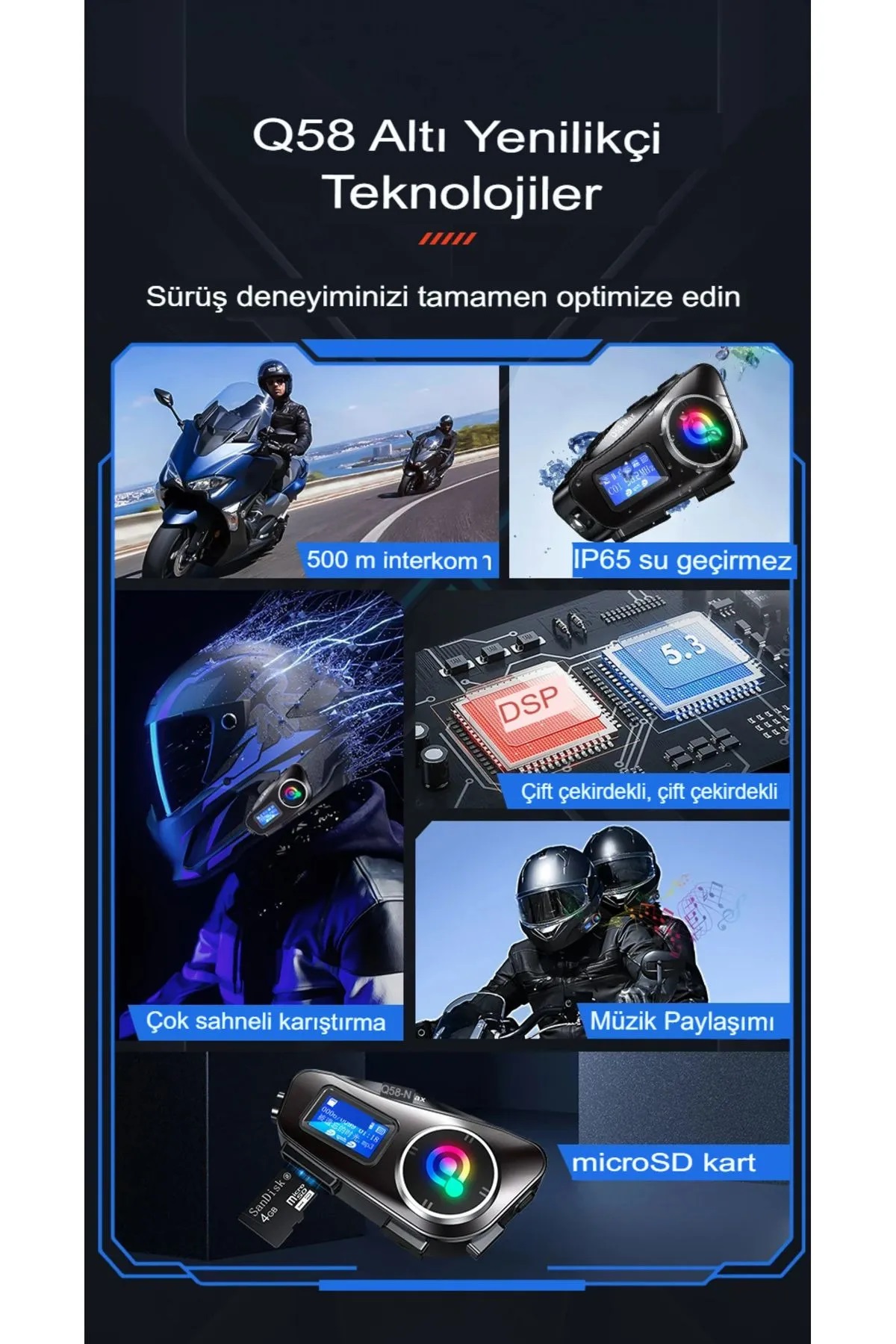 Q58-MAX Radyolu 2 Kişi Bağlantılı Bluetooth Kask Kulaklık Ekranlı Fenerli Müzik ve Telsiz Intercom