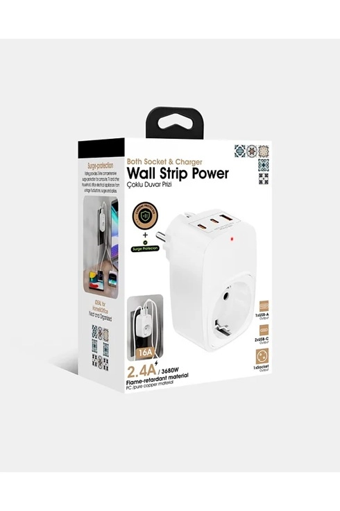 Tekli Yüksek Voltaj Korumalı Duvar Prizi 2X Type-C 1X USB Çıkışlı Priz Grup Priz Çoğaltıcı siyah 